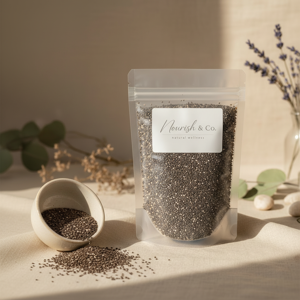 Chia Seeds Warm Background with Bowl